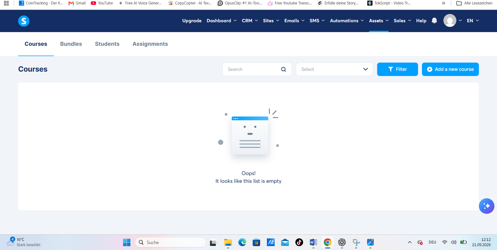 Panel de cursos de Systeme.io usado en la prueba práctica de MarketingFlow