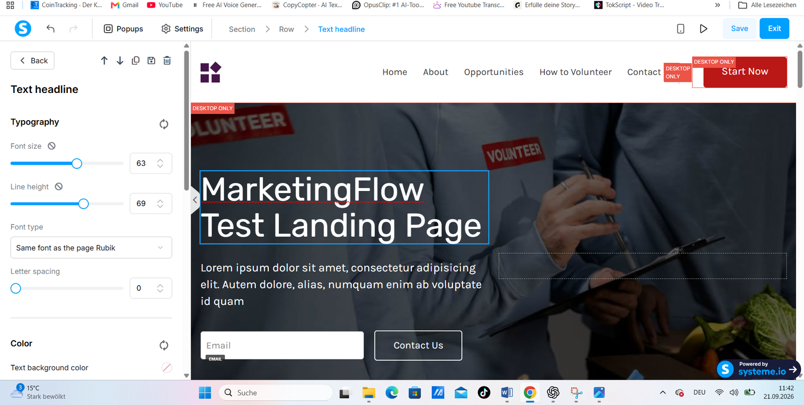 Editor visual de embudos de Systeme.io durante la prueba práctica de MarketingFlow