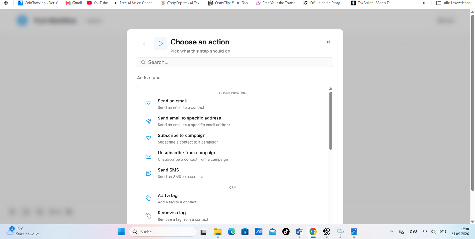 Acciones de automatización de Systeme.io mostradas durante la prueba de MarketingFlow